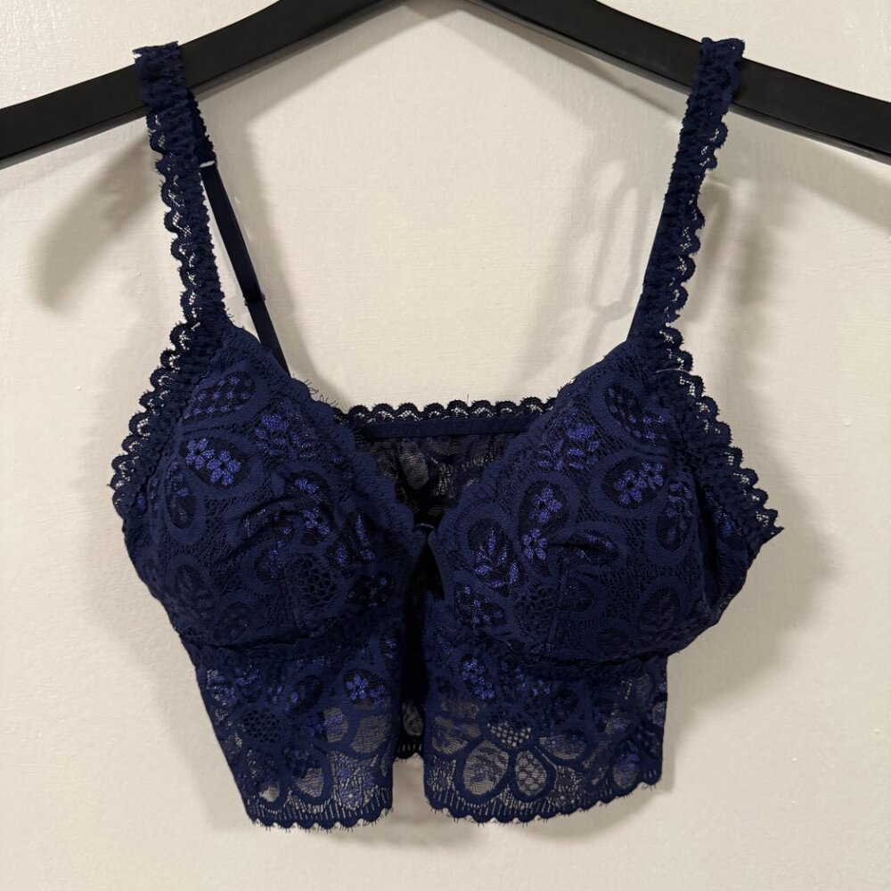 Aerie Dark Blue Navy Glitter Sexy Lace Long Line Padded Bralette Bra Size S